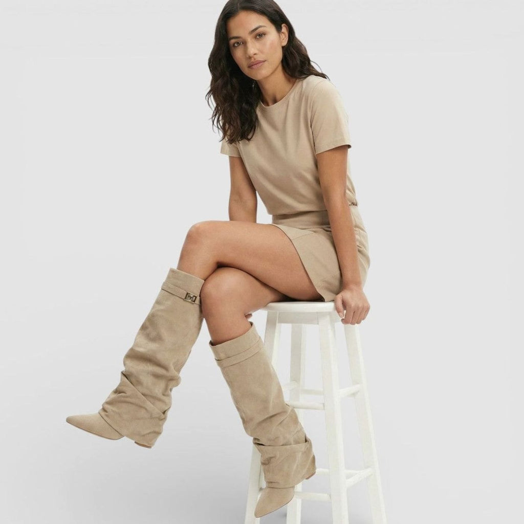 Women's Pointed-Toe Suede-Look Boots with Ruched Knee-High Shaft