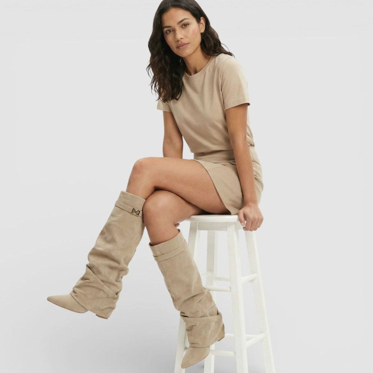 Women's Pointed-Toe Suede-Look Boots with Ruched Knee-High Shaft