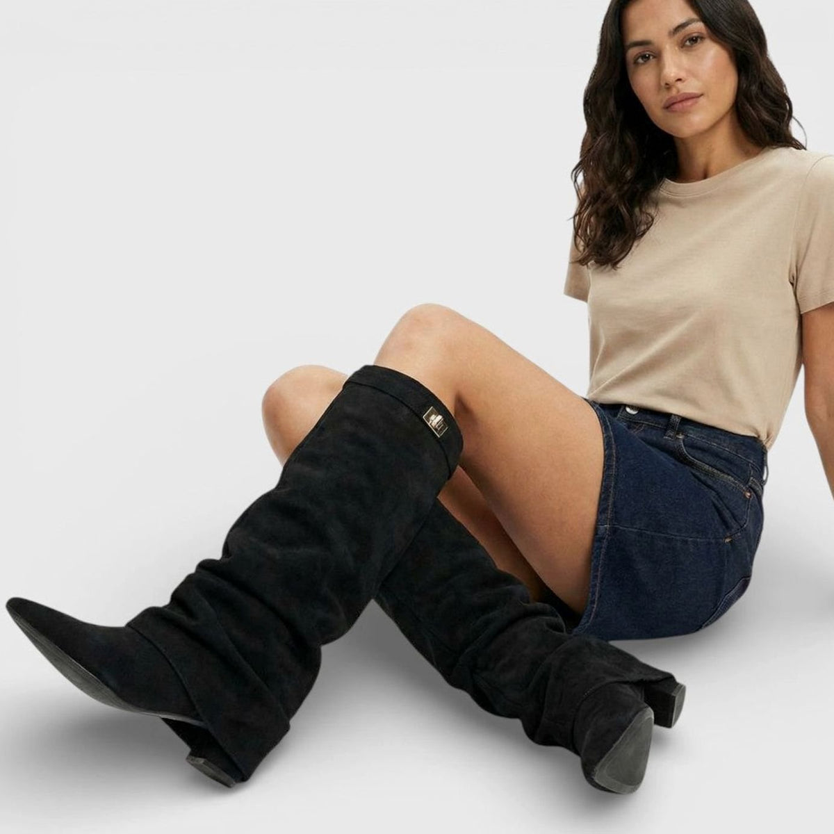 Women's Pointed-Toe Suede-Look Boots with Ruched Knee-High Shaft
