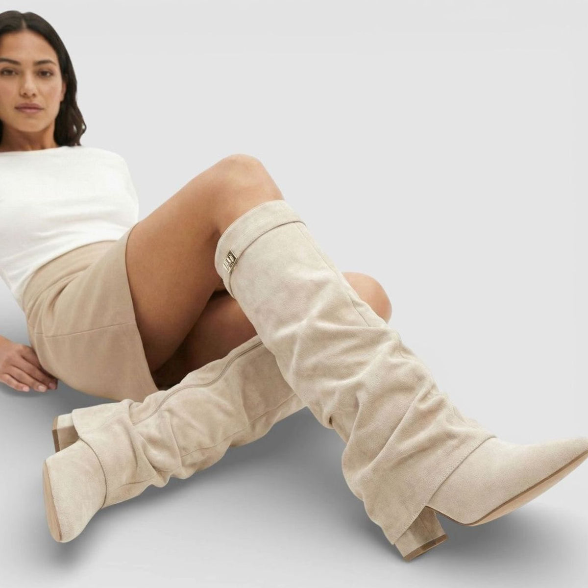 Women's Pointed-Toe Suede-Look Boots with Ruched Knee-High Shaft