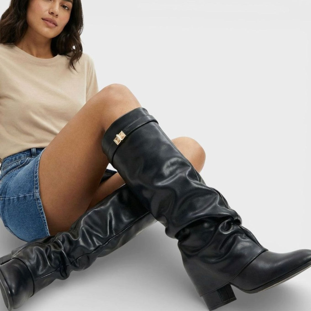 Women's Pointed-Toe Suede-Look Boots with Ruched Knee-High Shaft