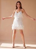 Women's V-Neck Sequin Cami Dress with Feathered Hem - White
