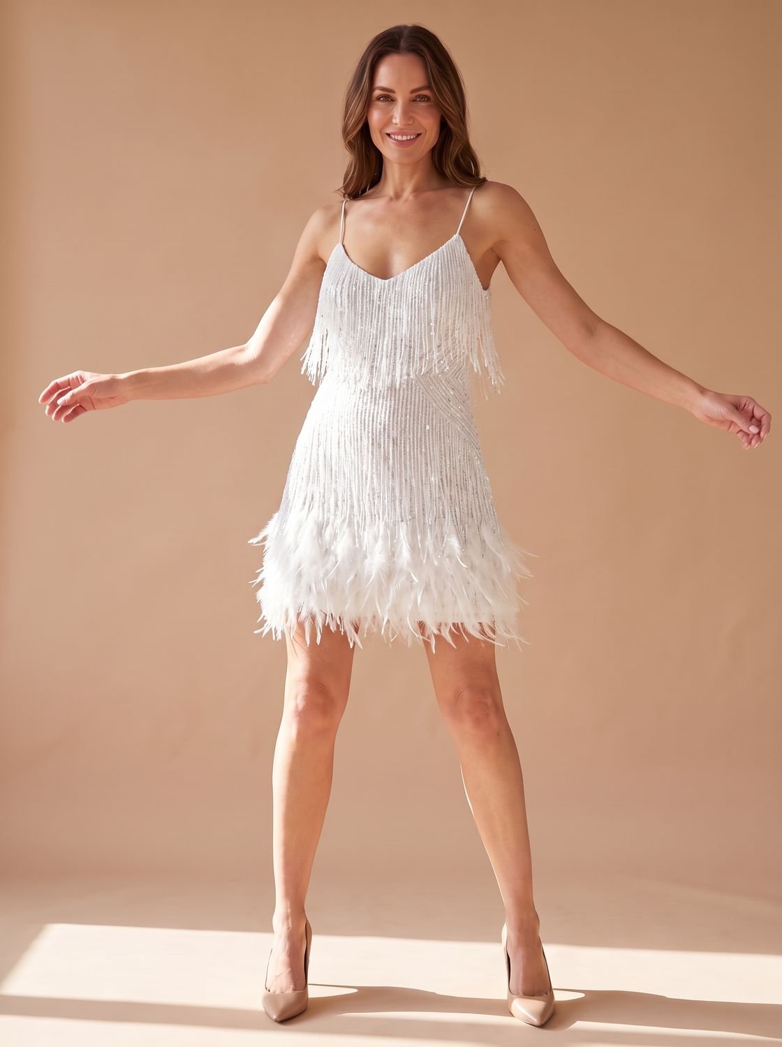 Women's V-Neck Sequin Cami Dress with Feathered Hem - White