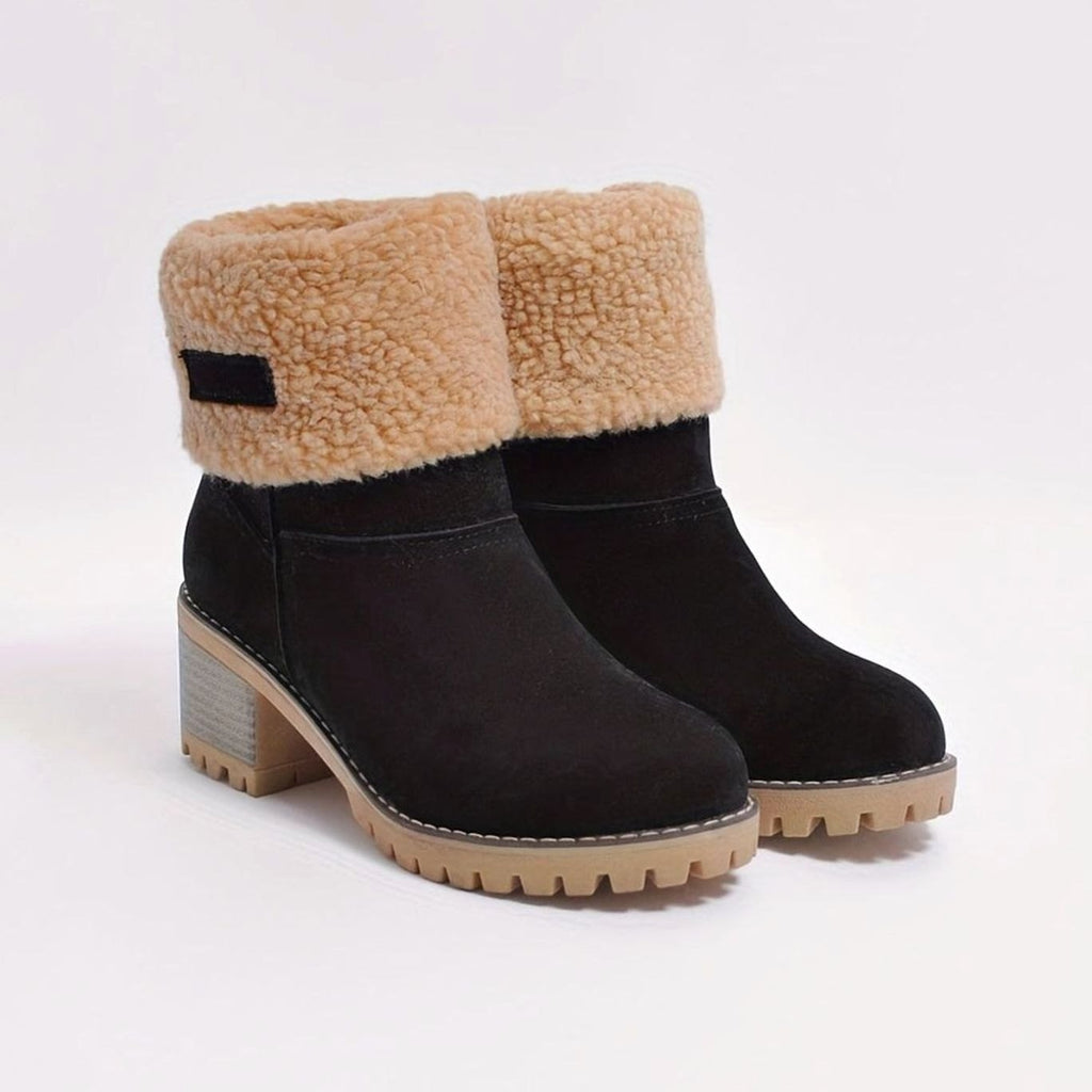 Women's Sherpa-Trimmed Suede-Look Winter Booties with Lug Sole - Black