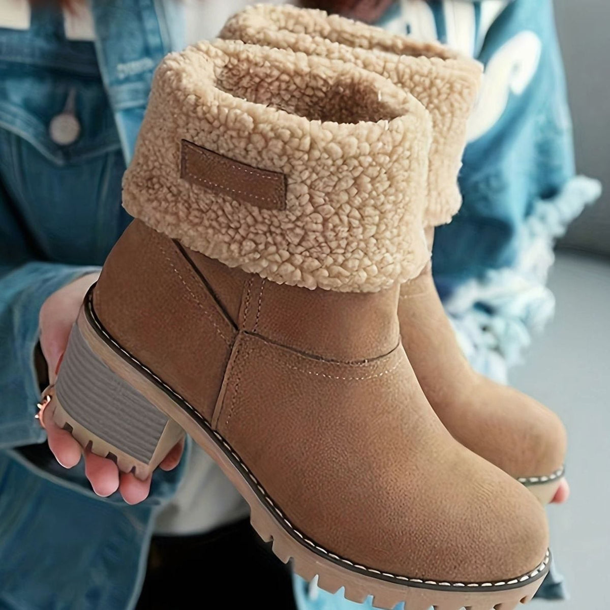 Women's Sherpa-Trimmed Suede-Look Winter Booties with Lug Sole