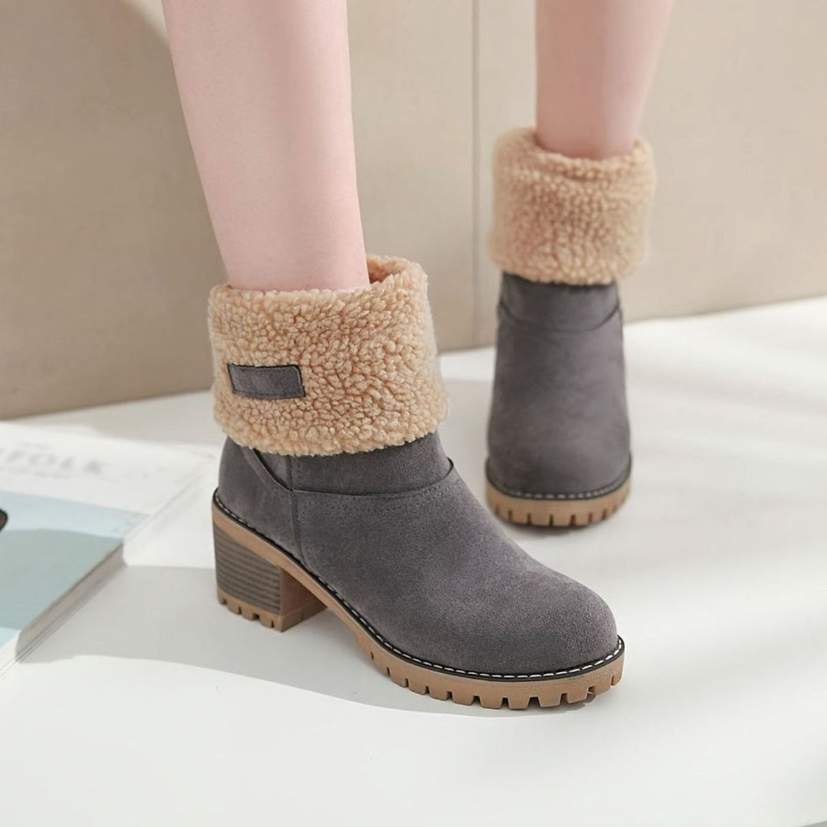 Women's Sherpa-Trimmed Suede-Look Winter Booties with Lug Sole
