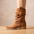 Women's Suede Slouch-Shaft Block Heel Boots with Wrap Strap - Brown