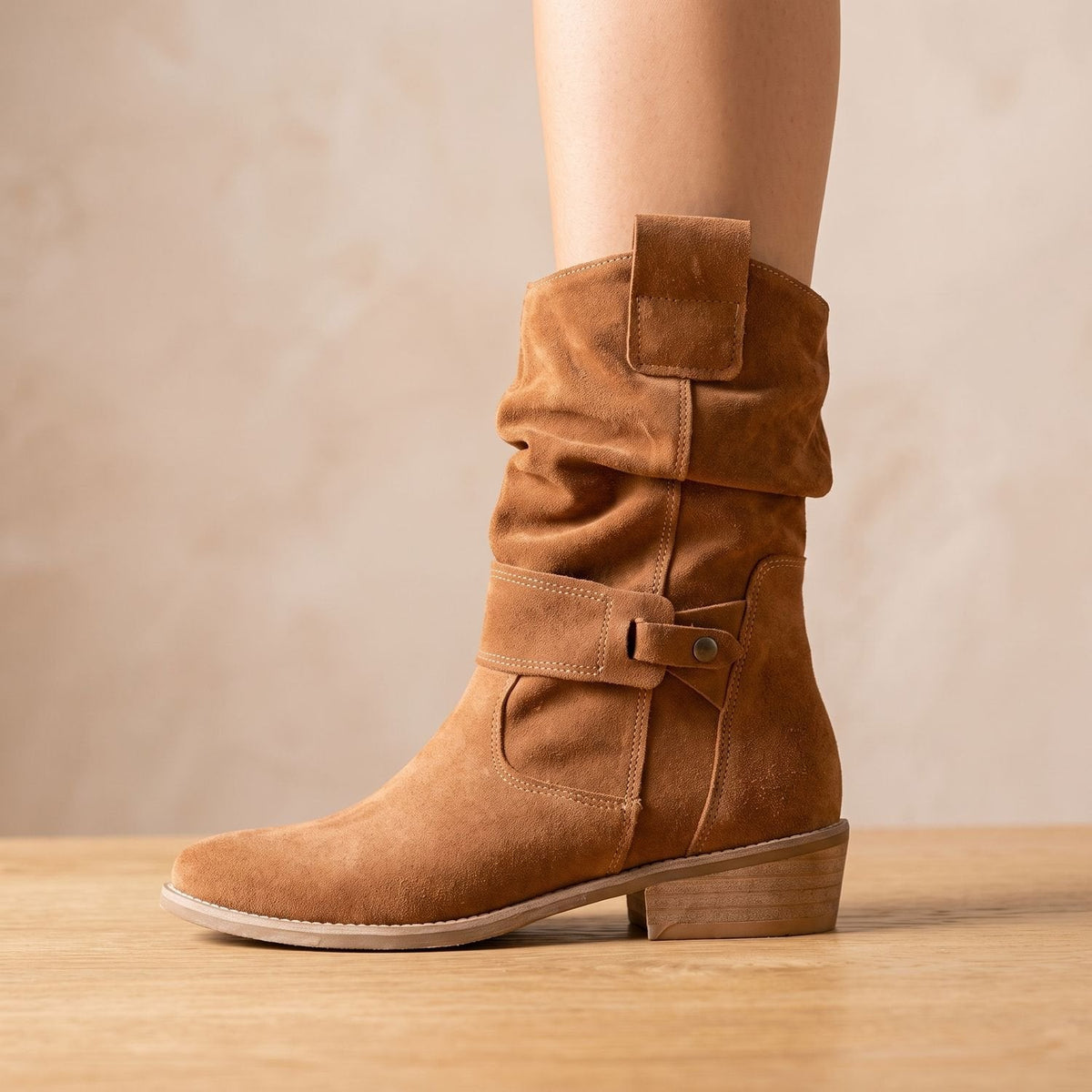 Women's Suede Slouch-Shaft Block Heel Boots with Wrap Strap - Brown