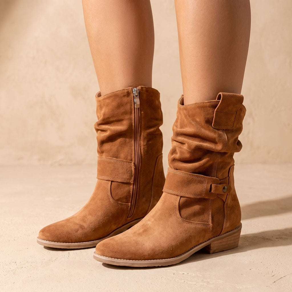 Women's Suede Slouch-Shaft Block Heel Boots with Wrap Strap