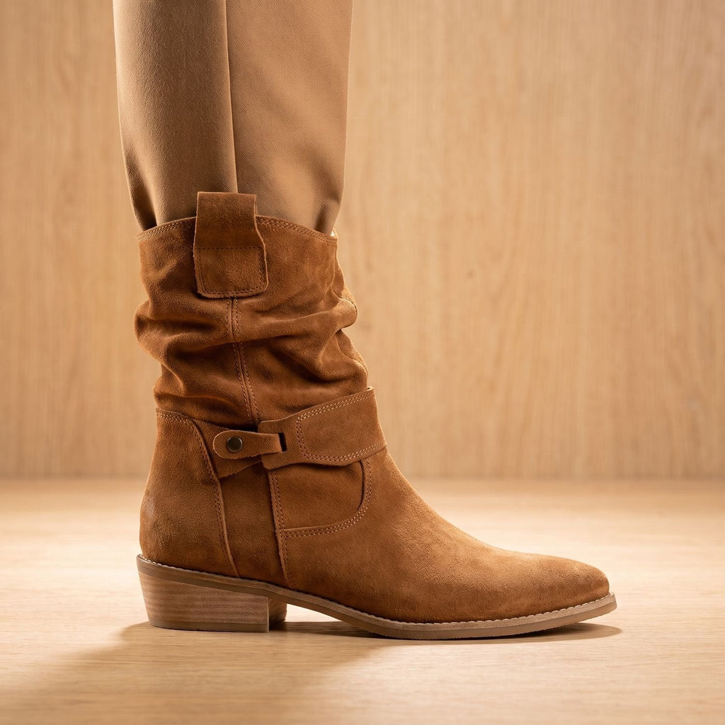 Women's Suede Slouch-Shaft Block Heel Boots with Wrap Strap