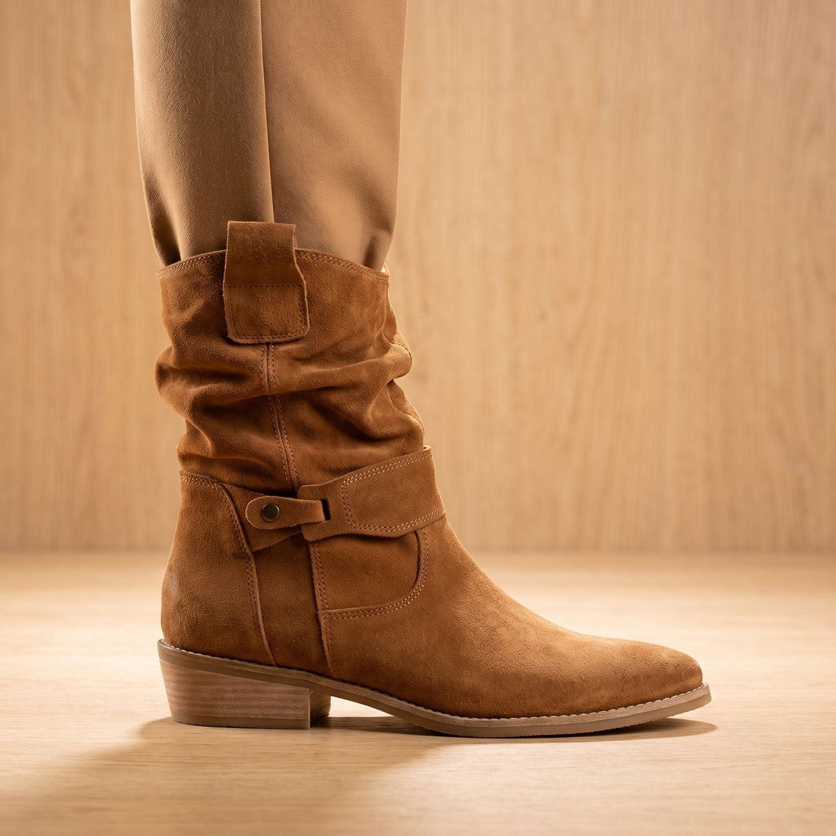 Women's Suede Slouch-Shaft Block Heel Boots with Wrap Strap