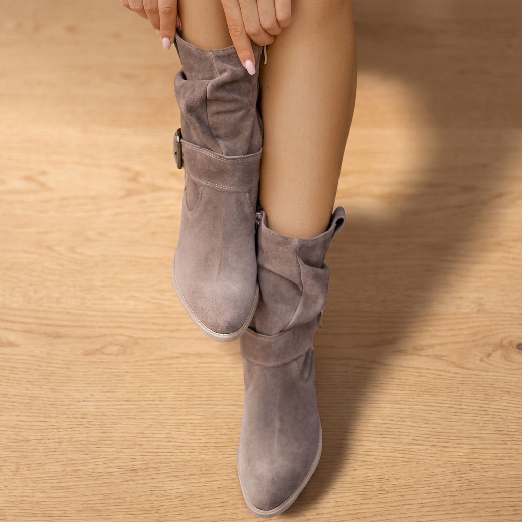 Women's Suede Slouch-Shaft Block Heel Boots with Wrap Strap