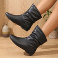 Women's Gathered Flat Slouch Ankle Boots with Elastic Pull-On Panels - Black