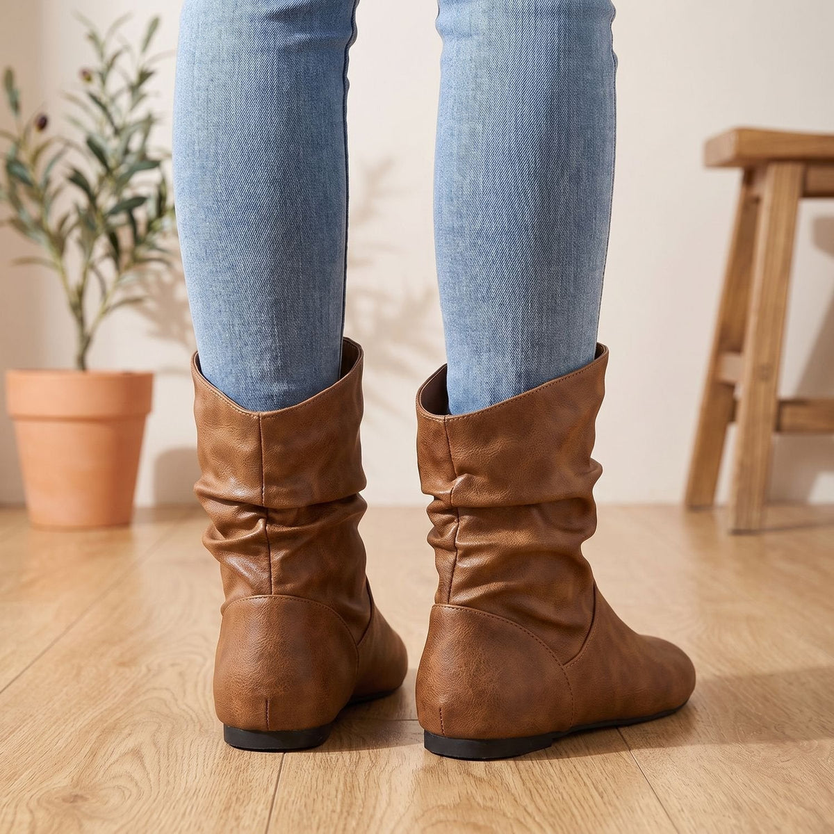 Women's Gathered Flat Slouch Ankle Boots with Elastic Pull-On Panels