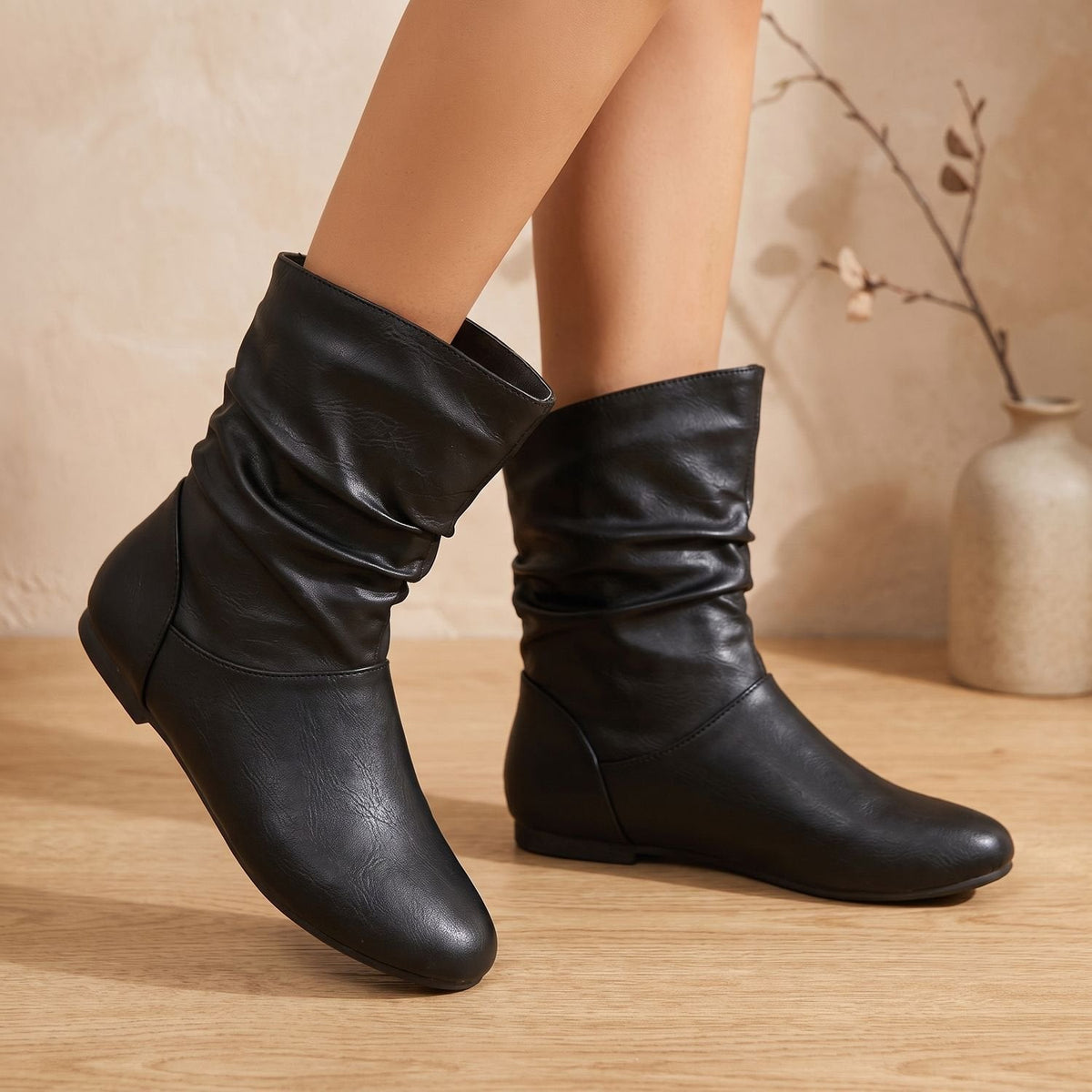 Women's Gathered Flat Slouch Ankle Boots with Elastic Pull-On Panels