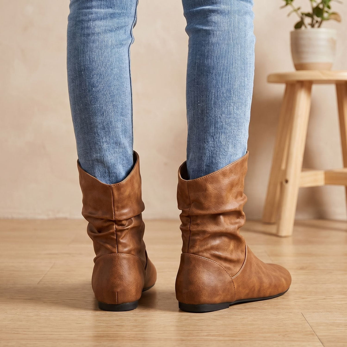 Women's Gathered Flat Slouch Ankle Boots with Elastic Pull-On Panels