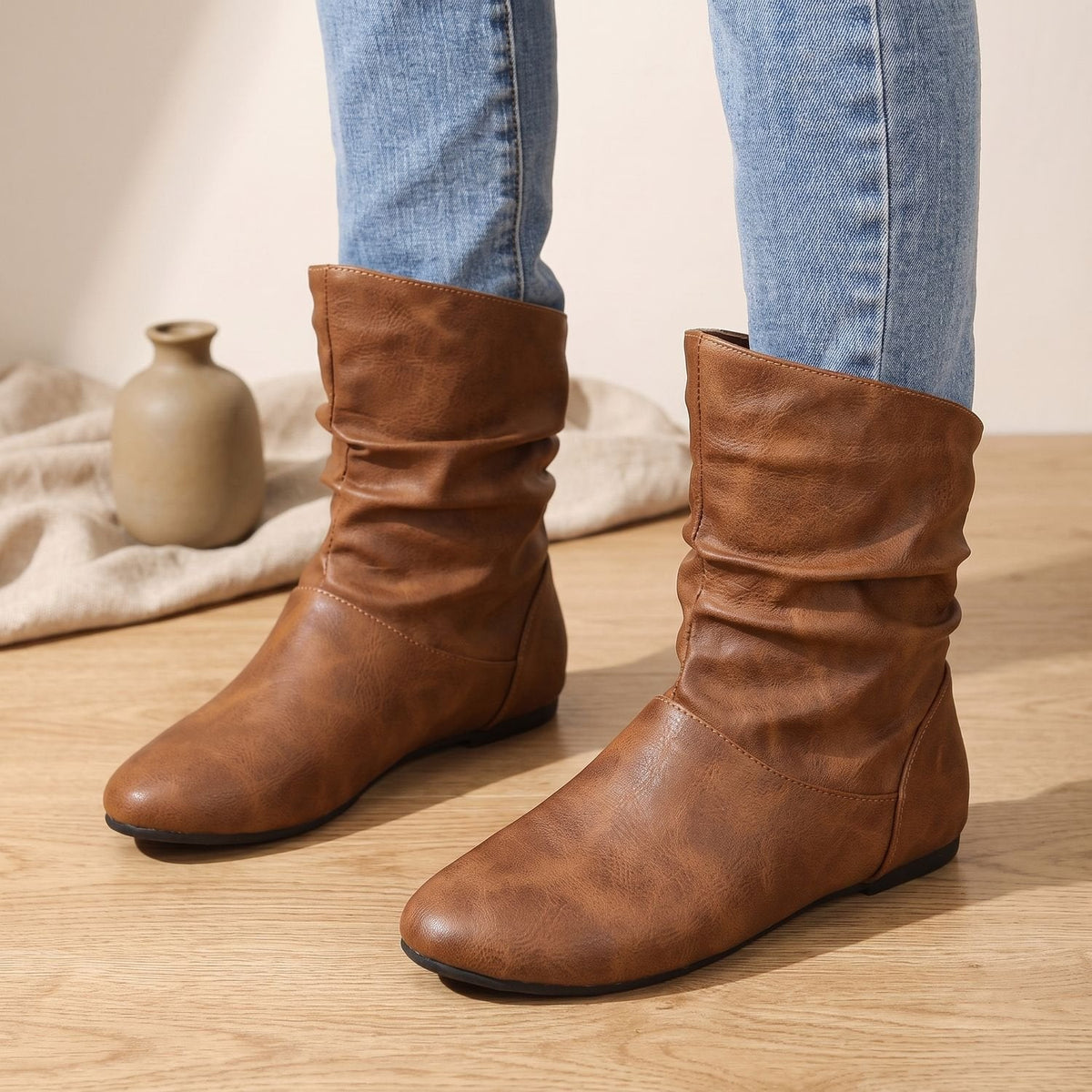 Women's Gathered Flat Slouch Ankle Boots with Elastic Pull-On Panels