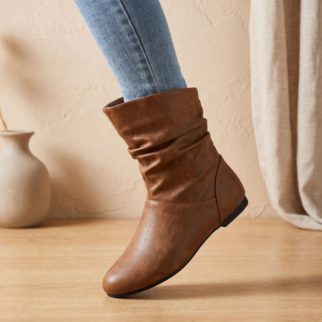 Women's Gathered Flat Slouch Ankle Boots with Elastic Pull-On Panels
