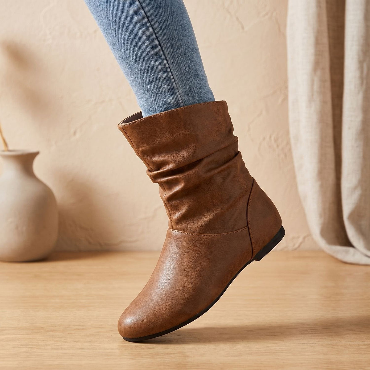 Women's Gathered Flat Slouch Ankle Boots with Elastic Pull-On Panels