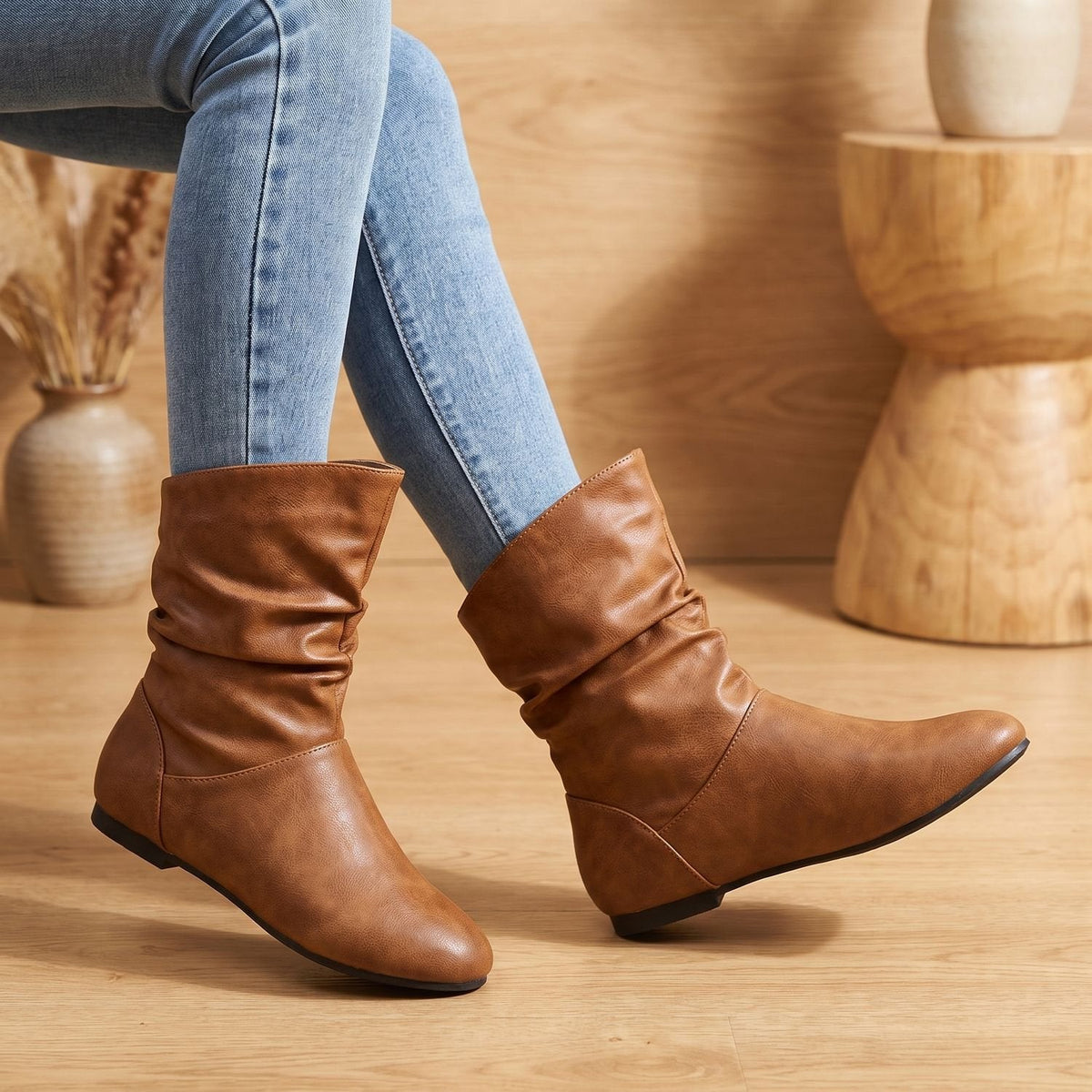 Women's Gathered Flat Slouch Ankle Boots with Elastic Pull-On Panels