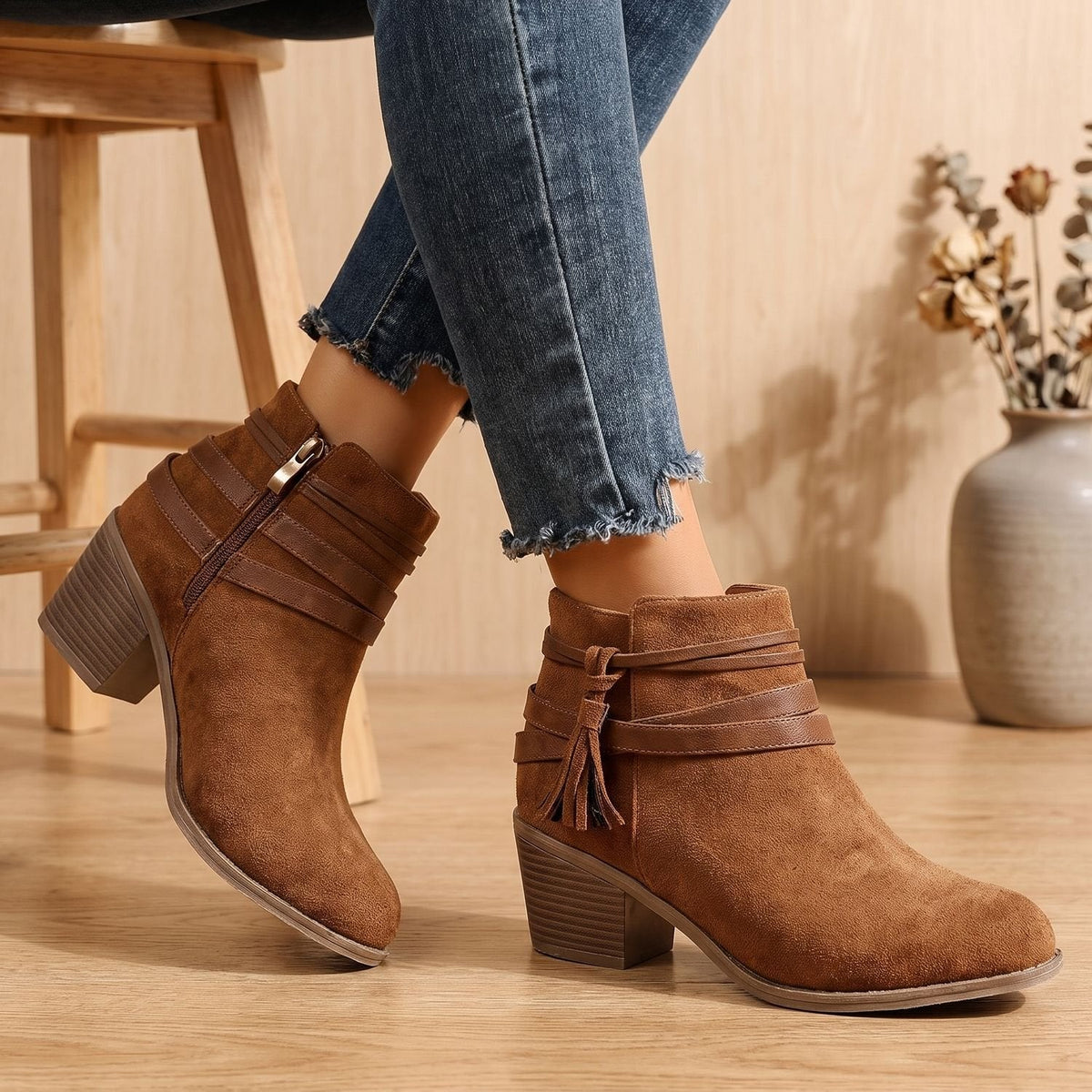 Women's Western-Inspired Tassel Booties in Faux Suede with Side Zip