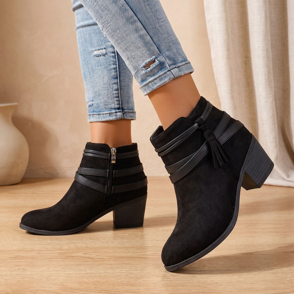 Women's Western-Inspired Tassel Booties in Faux Suede with Side Zip