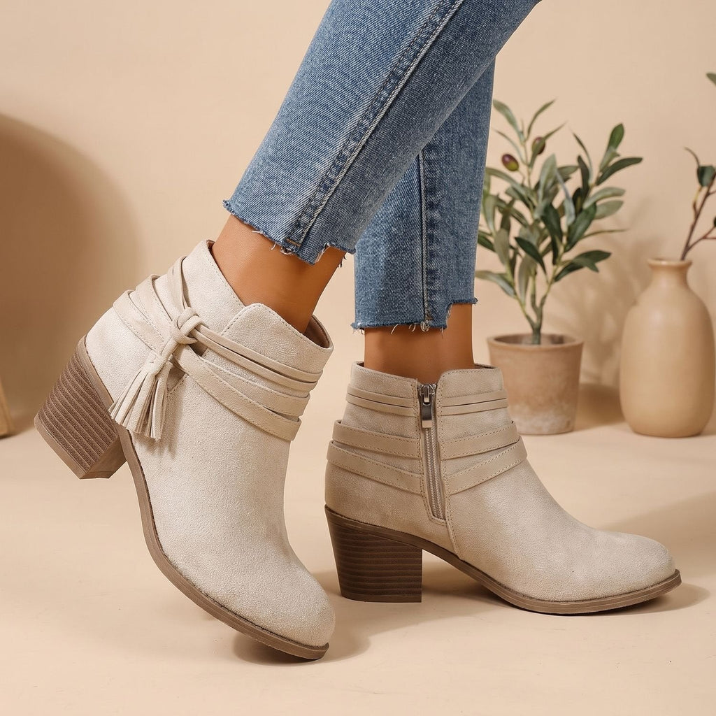 Women's Western-Inspired Tassel Booties in Faux Suede with Side Zip