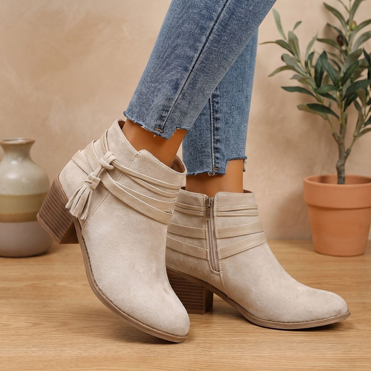 Women's Western-Inspired Tassel Booties in Faux Suede with Side Zip