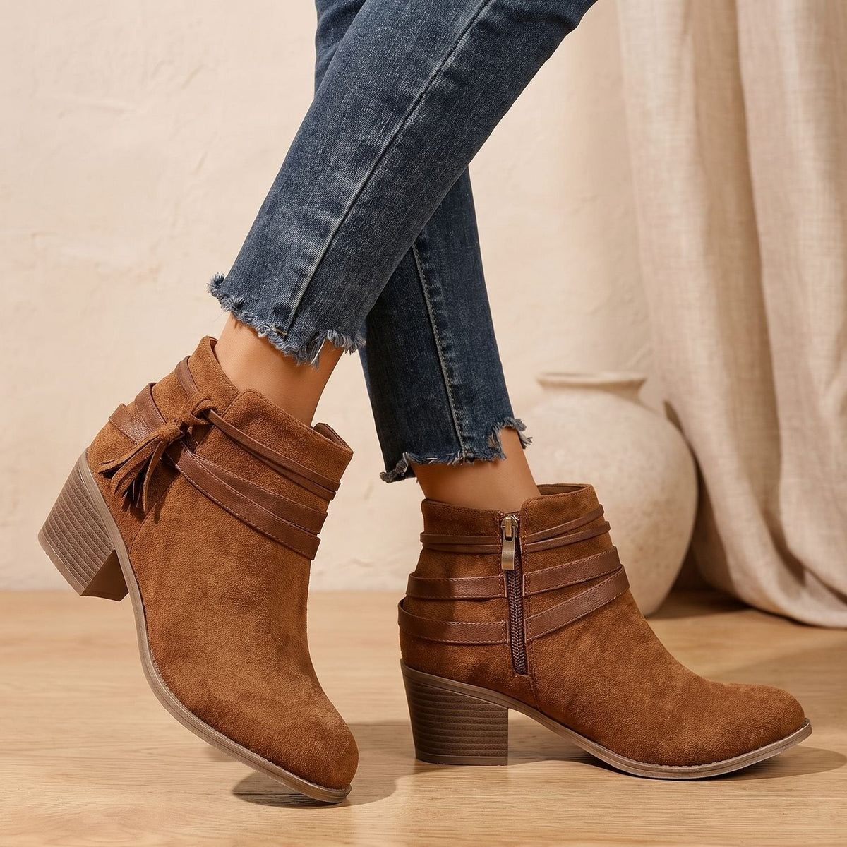 Women's Western-Inspired Tassel Booties in Faux Suede with Side Zip - Brown