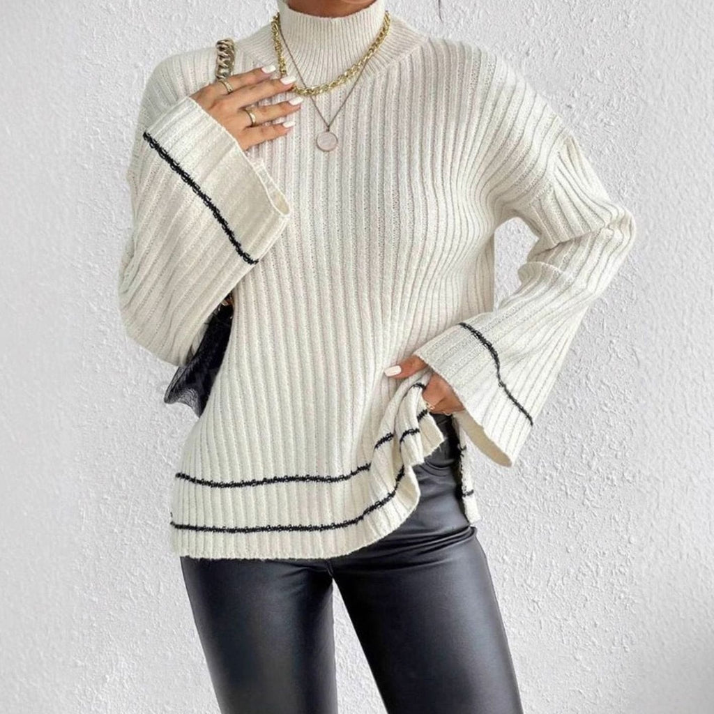 Women's Oversized Rib-Knit Mock Neck Sweater with Bell Sleeves