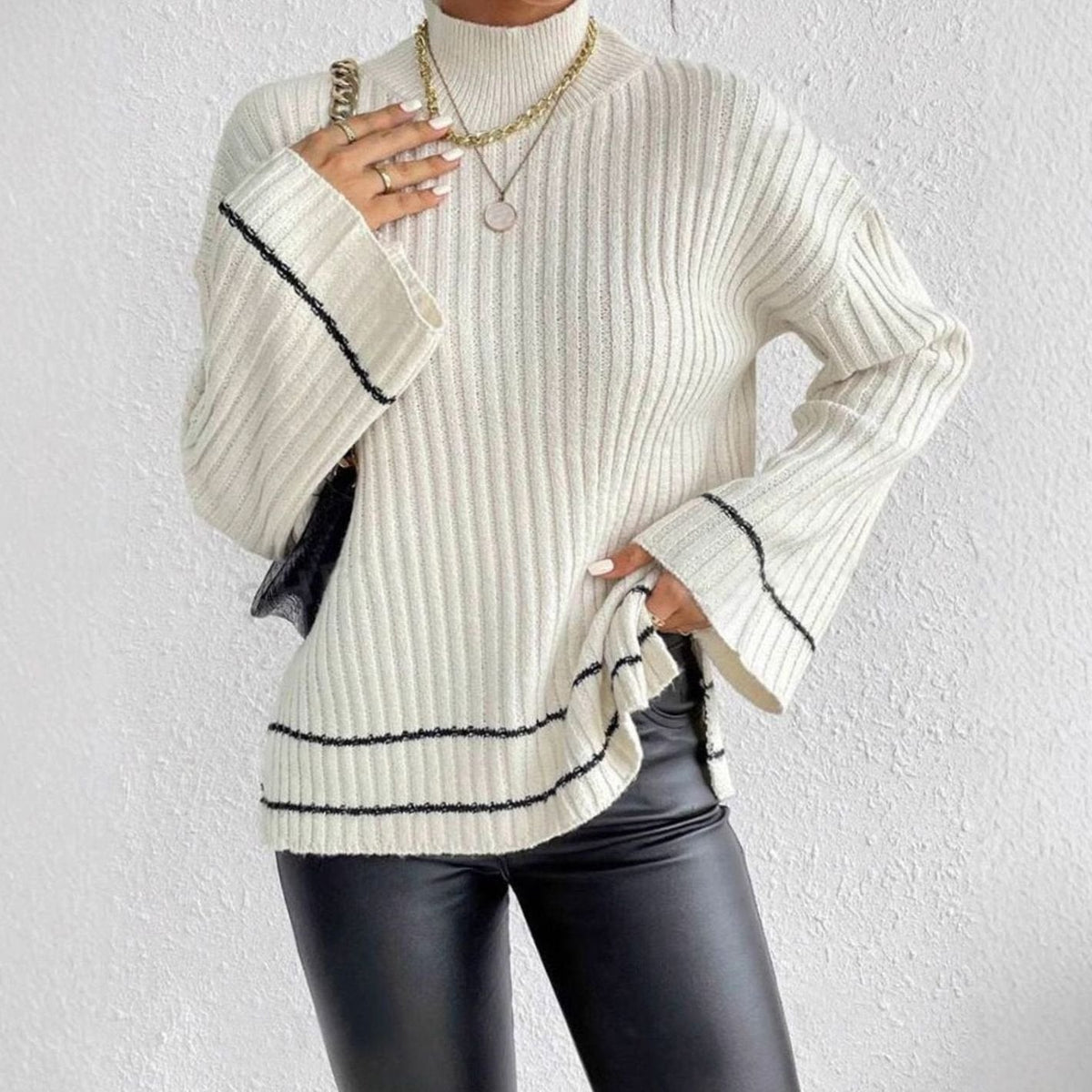 Women's Oversized Rib-Knit Mock Neck Sweater with Bell Sleeves