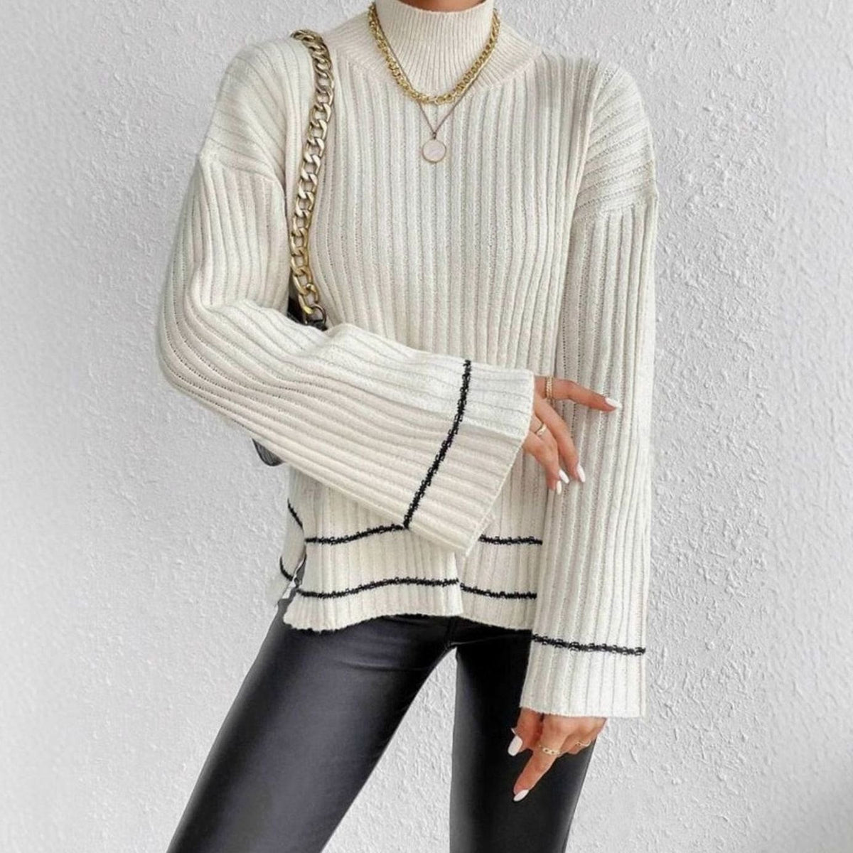 Women's Oversized Rib-Knit Mock Neck Sweater with Bell Sleeves