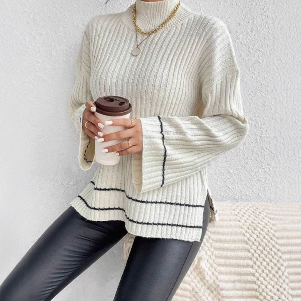 Women's Oversized Rib-Knit Mock Neck Sweater with Bell Sleeves