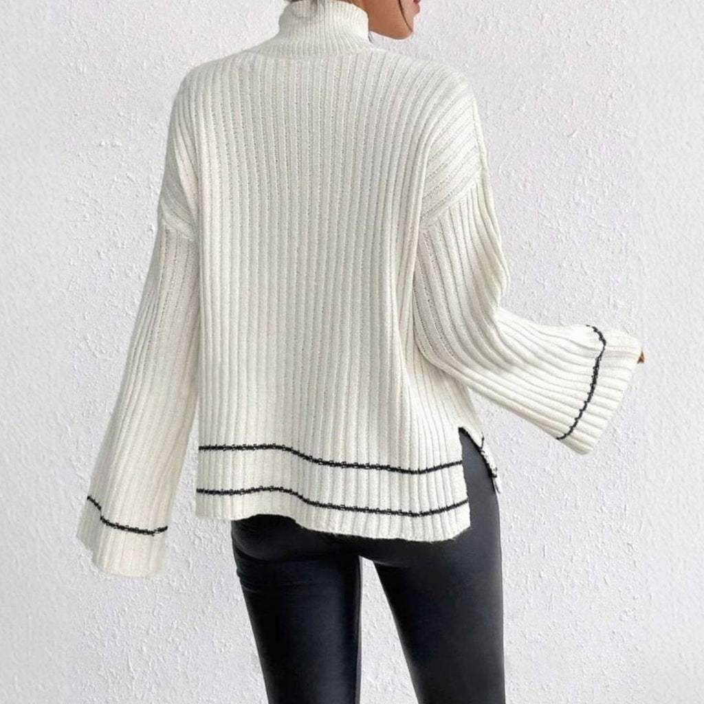 Women's Oversized Rib-Knit Mock Neck Sweater with Bell Sleeves