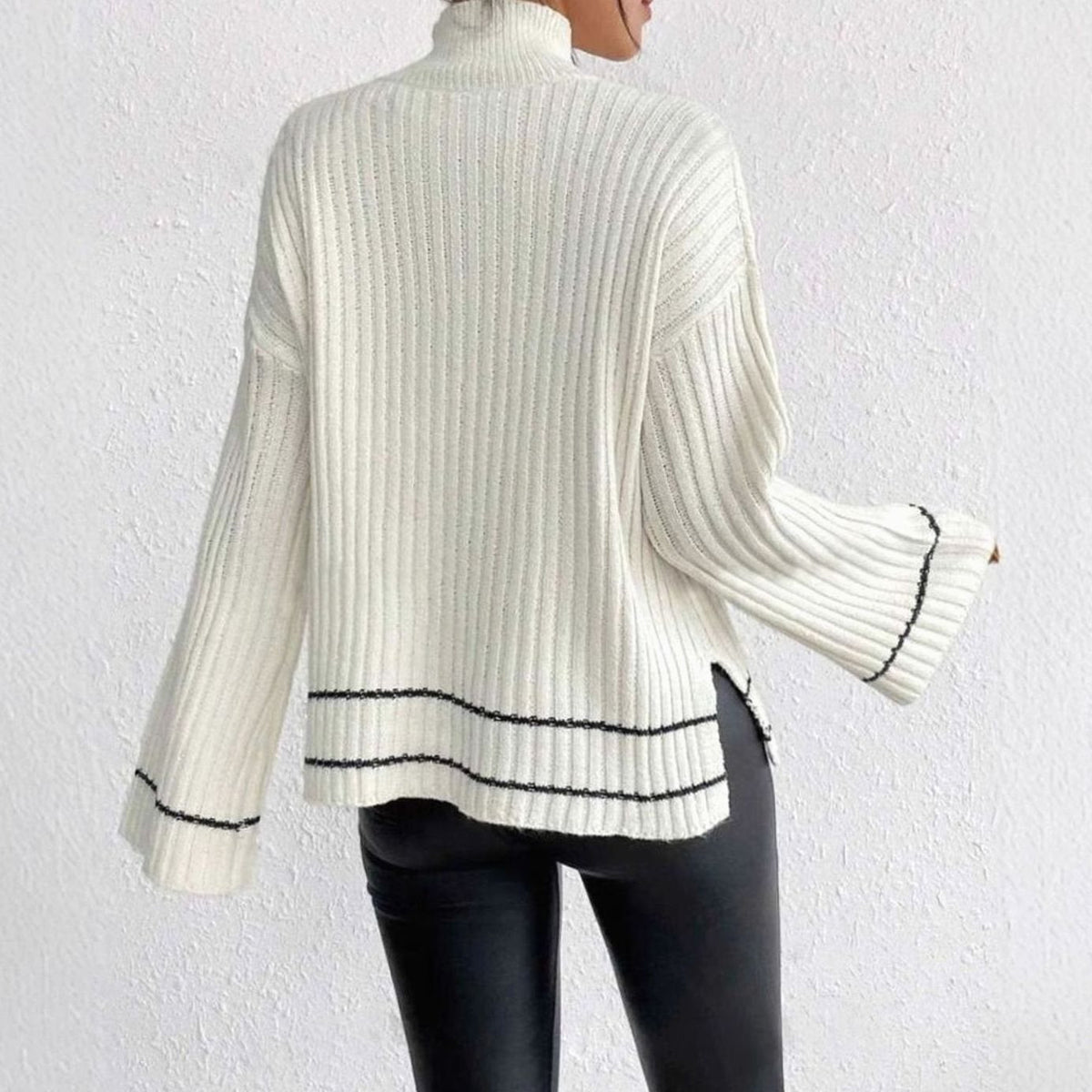 Women's Oversized Rib-Knit Mock Neck Sweater with Bell Sleeves