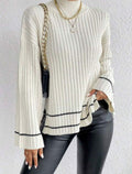 Women's Oversized Rib-Knit Mock Neck Sweater with Bell Sleeves - White