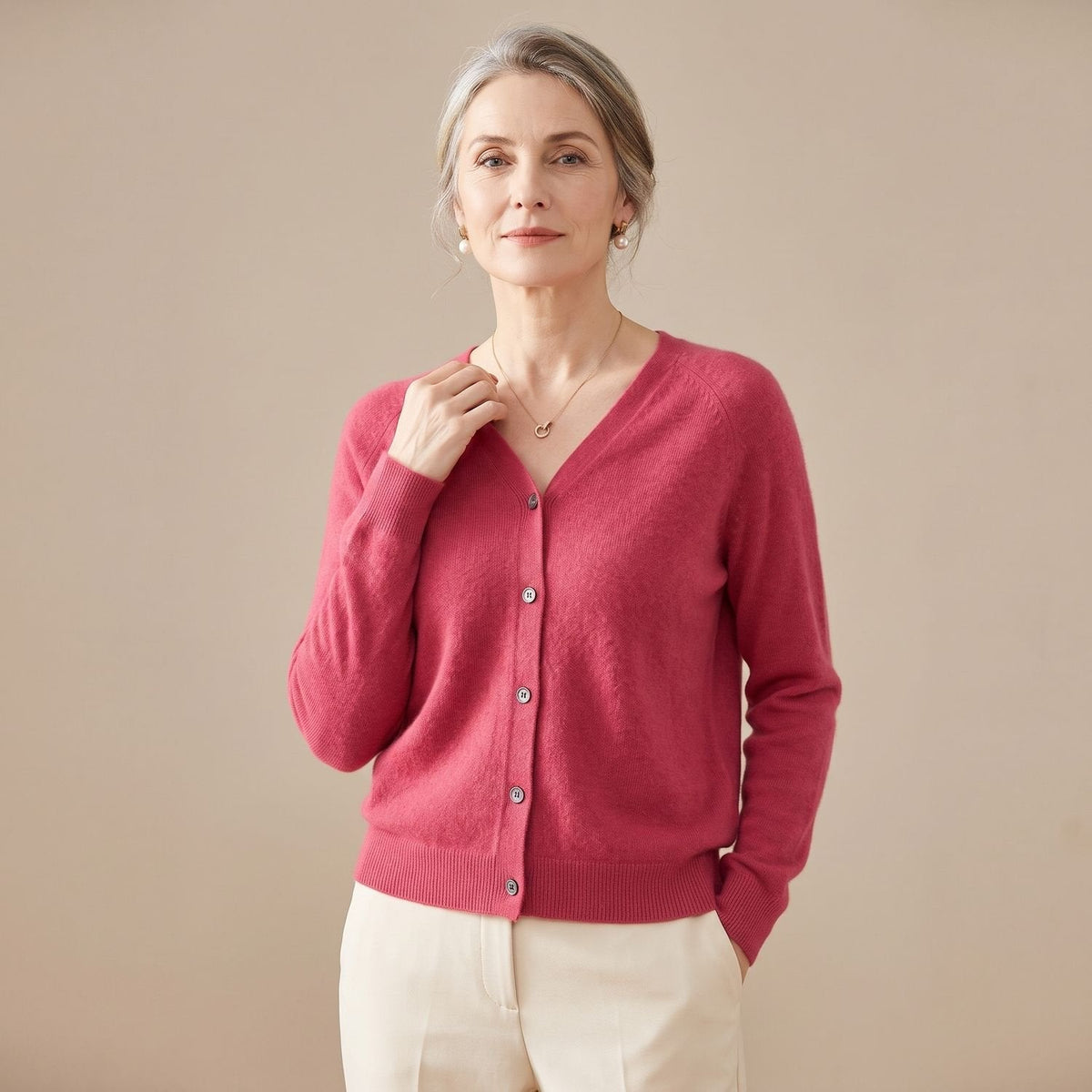 Women's Fine-Knit Button-Up V-Neck Cardigan for Cool Mornings - Dark Pink