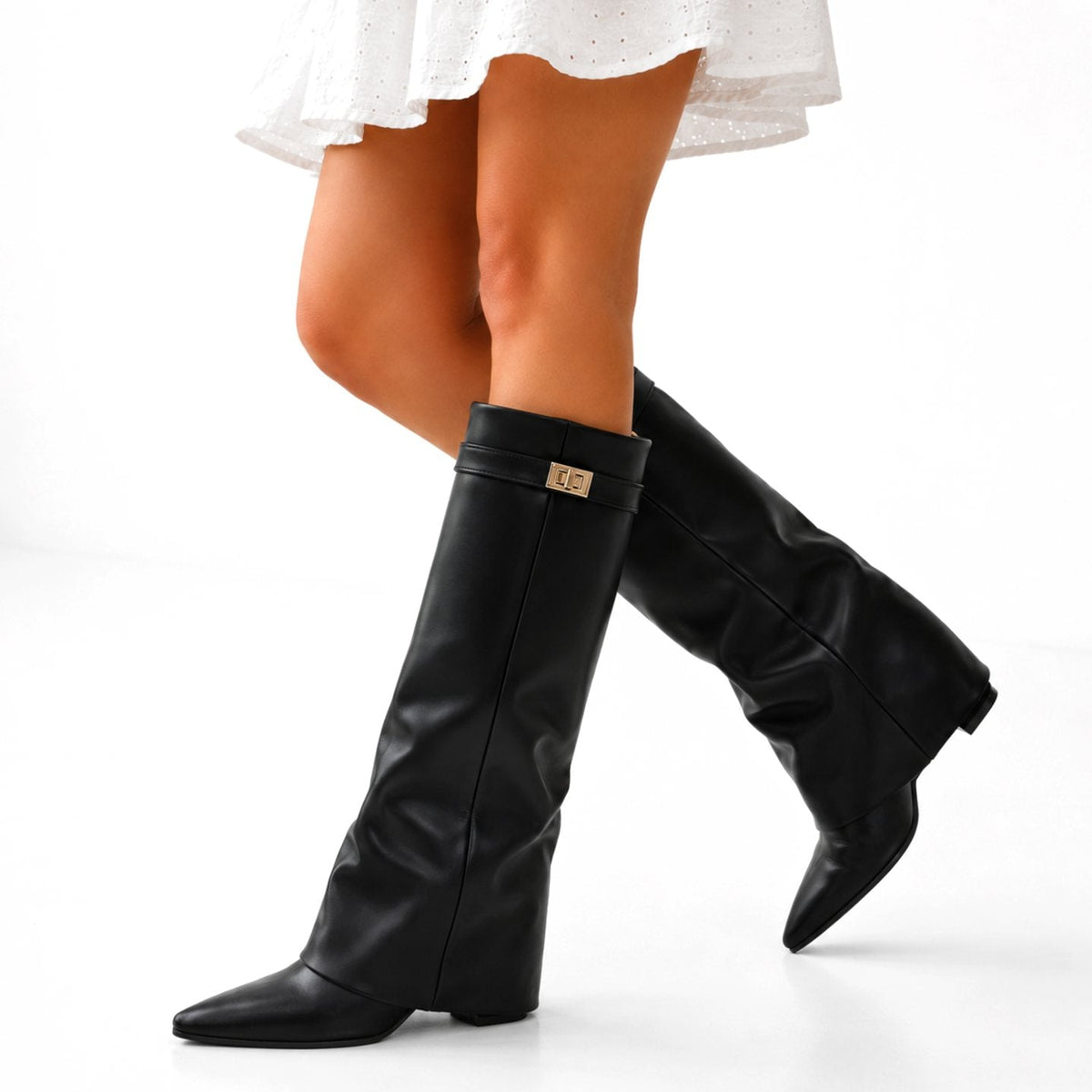 Women's Sleek Knee-High Vegan Leather Boots with Pointed Toe - Black