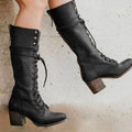 Women's Vintage Lace-Up Knee-High Boots with Distressed Finish - Black