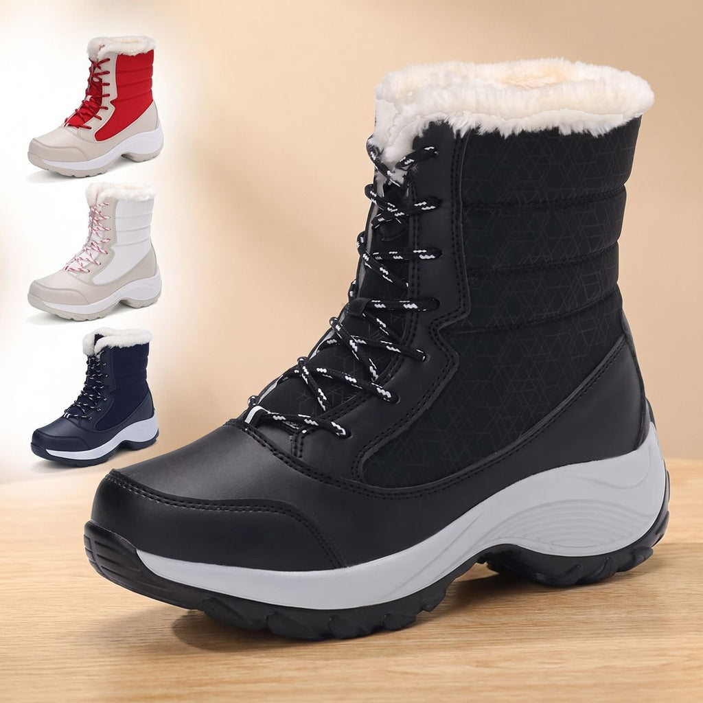 Women's Lace-Up Waterproof Snow Boots with Faux Fur Trim and Fleece