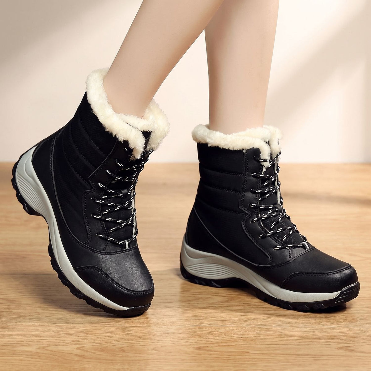 Women's Lace-Up Waterproof Snow Boots with Faux Fur Trim and Fleece