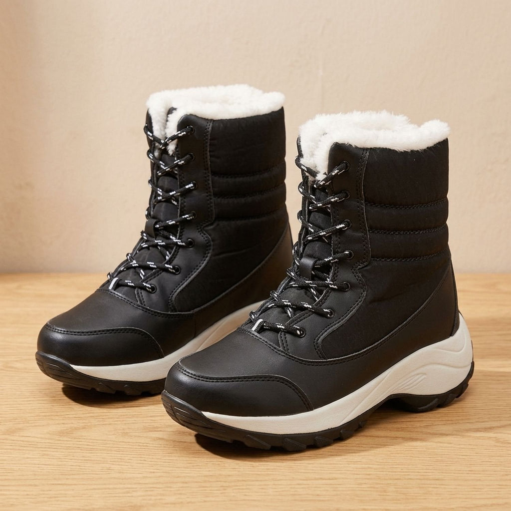 Women's Lace-Up Waterproof Snow Boots with Faux Fur Trim and Fleece