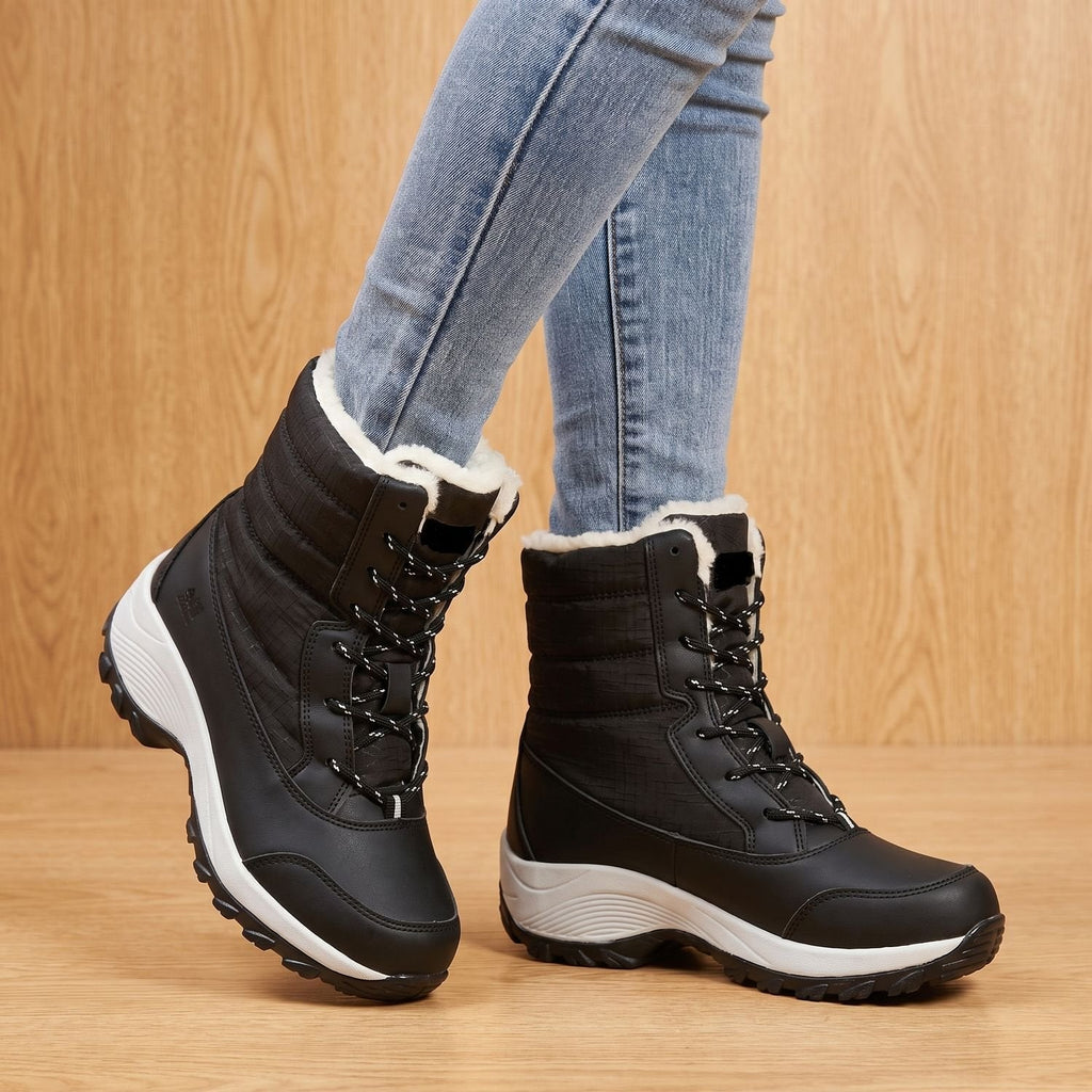 Women's Lace-Up Waterproof Snow Boots with Faux Fur Trim and Fleece