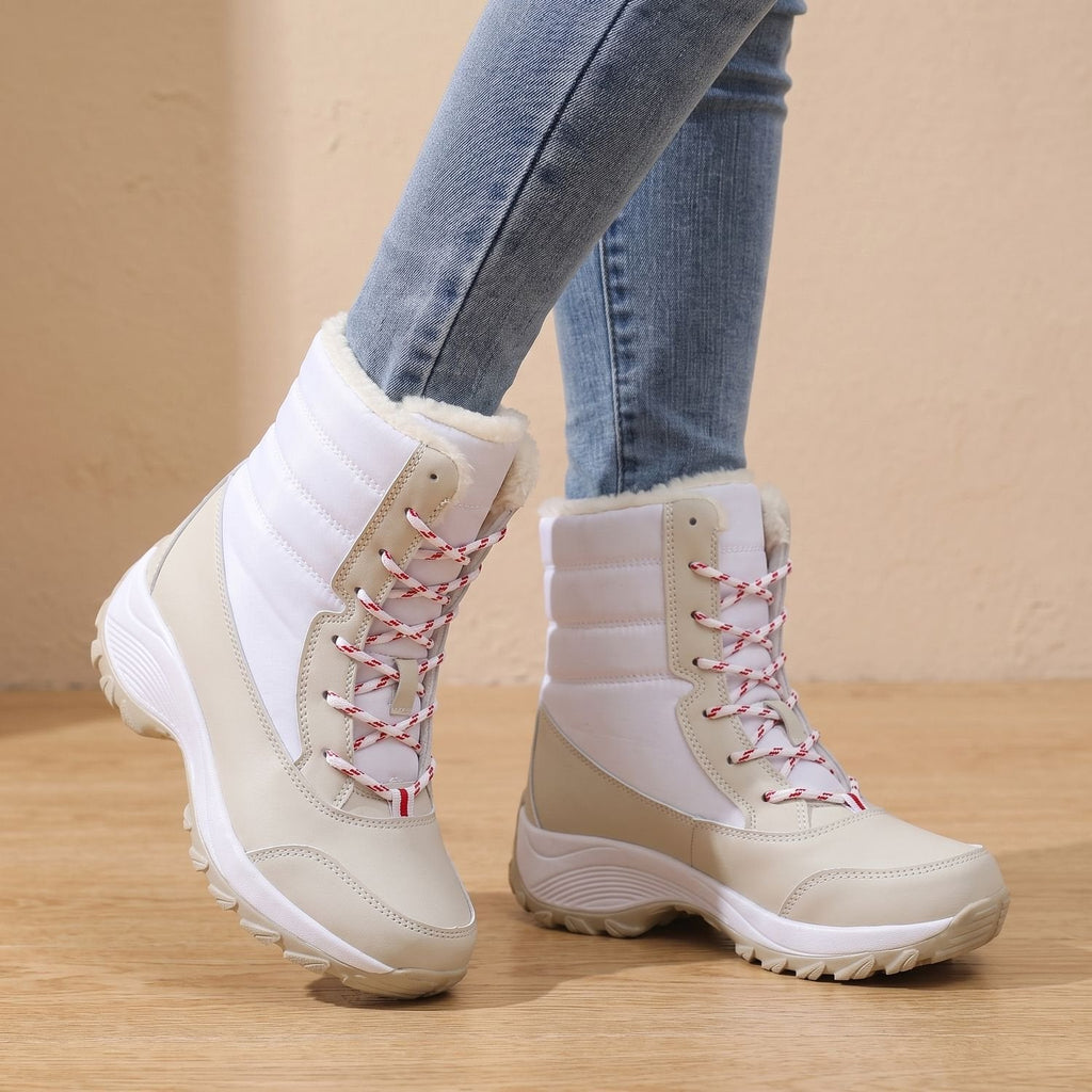 Women's Lace-Up Waterproof Snow Boots with Faux Fur Trim and Fleece