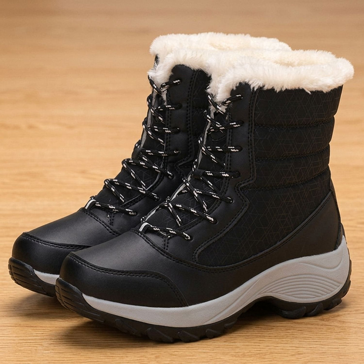 Women's Lace-Up Waterproof Snow Boots with Faux Fur Trim and Fleece - Black