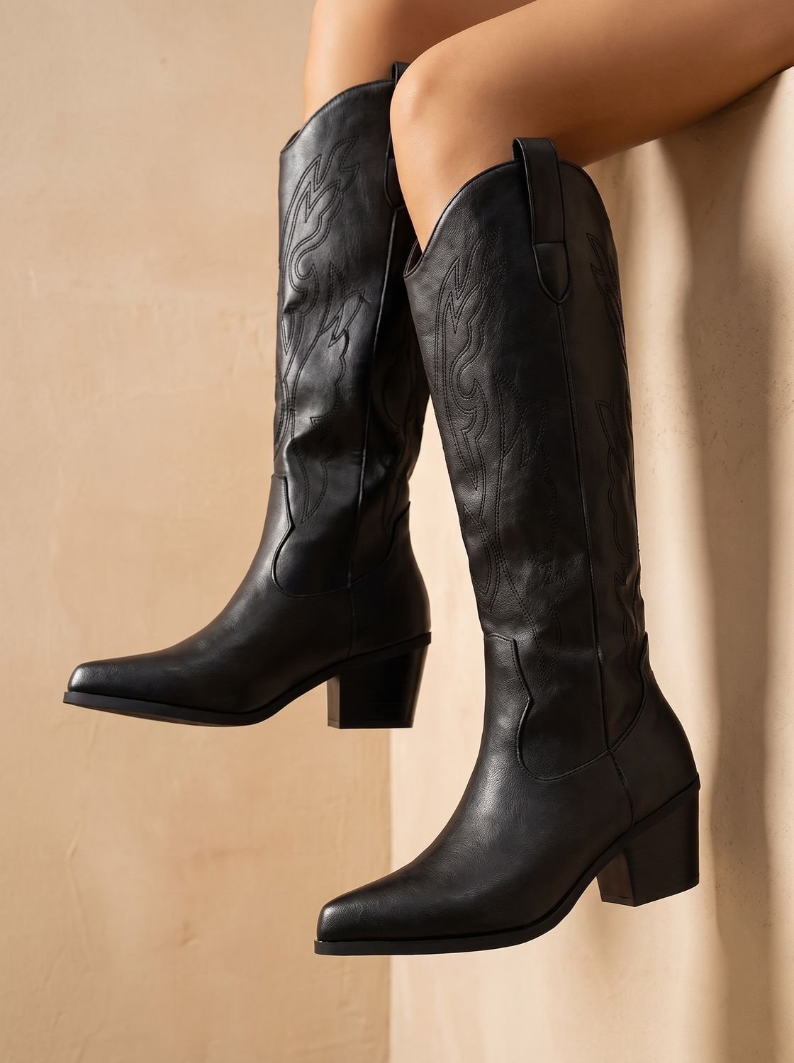 Women's Block-Heel Wide-Calf Cowboy Boots with Tonal Embroidery - Black