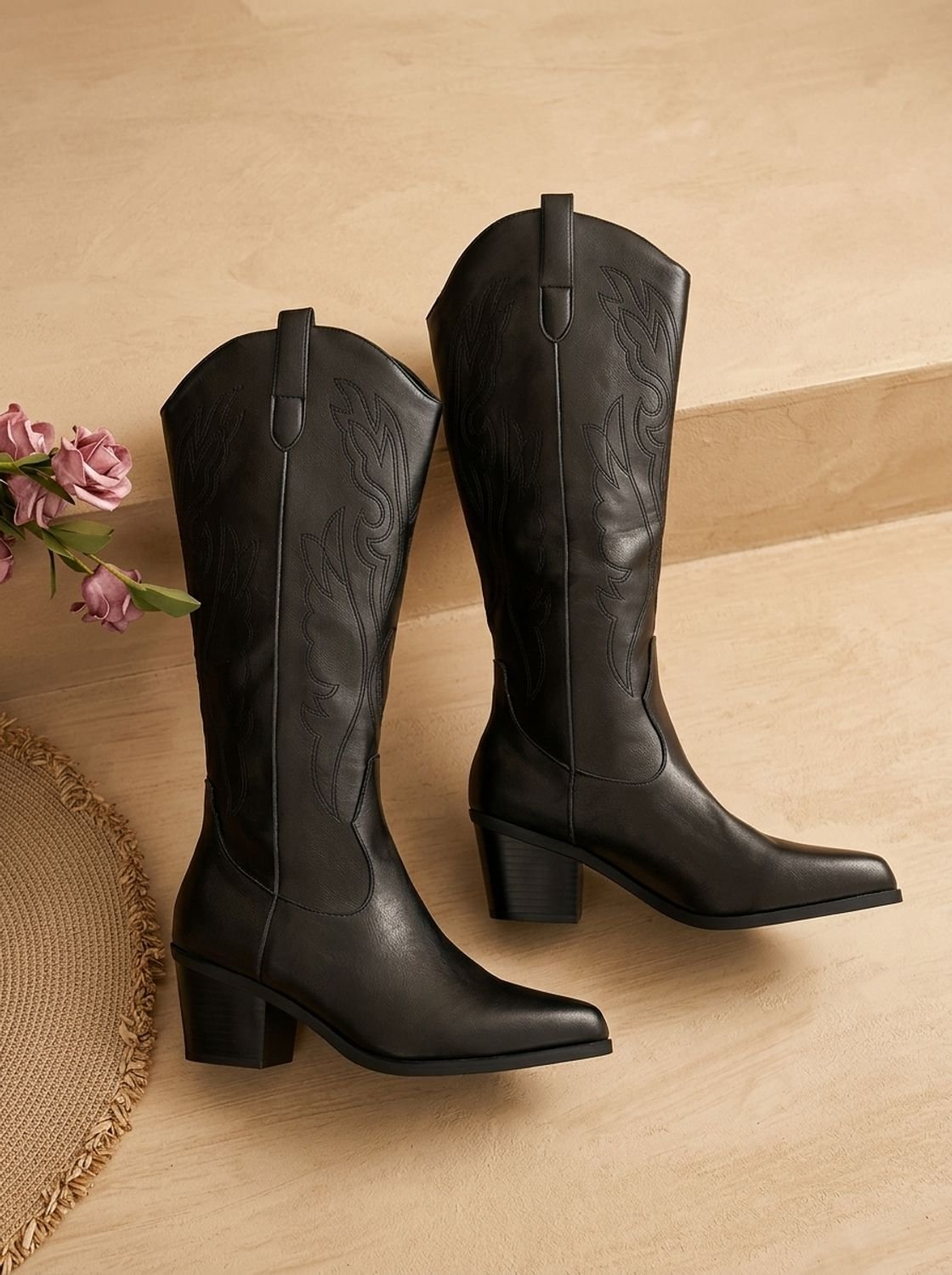 Women's Block-Heel Wide-Calf Cowboy Boots with Tonal Embroidery