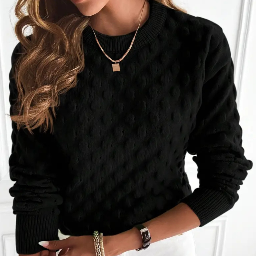 Women's Clean Crew Neck Cable Sweater with Ribbed Cuffs