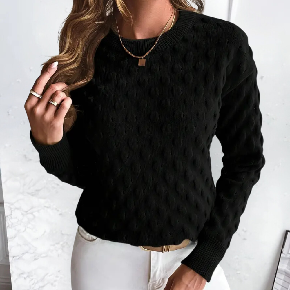 Women's Clean Crew Neck Cable Sweater with Ribbed Cuffs - Black