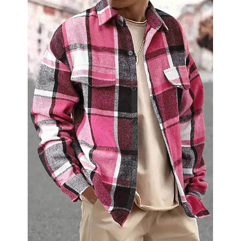 Men's Sturdy-Button Plaid Shirt Jacket with Chest Pockets - Pink
